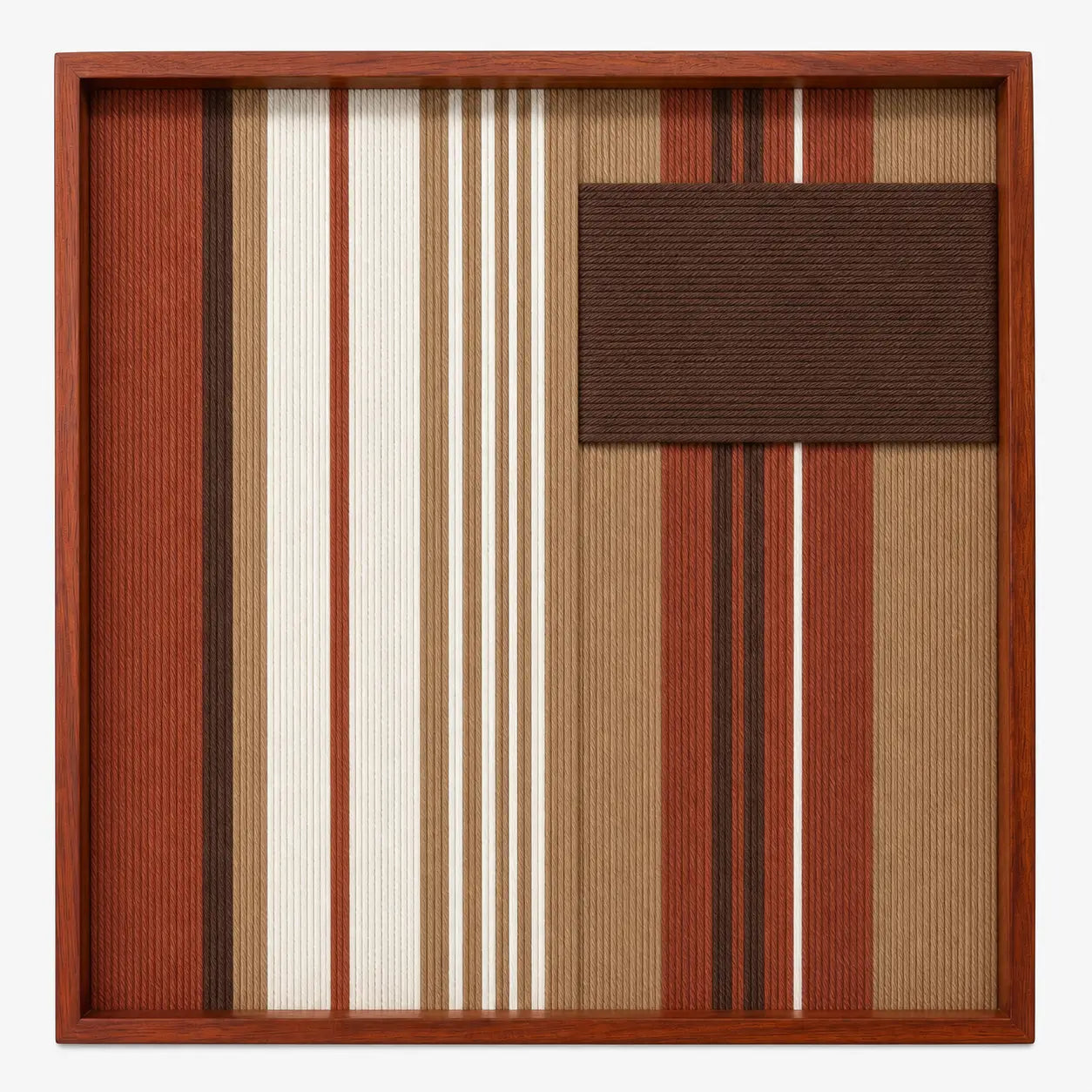 Frontal studio shot of the Mocha Prelude square hand-woven textile wall art featuring rust, cream, and beige vertical stripes with a solid mocha brown patch in a wooden frame.
