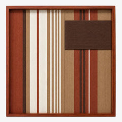 Frontal studio shot of the Mocha Prelude square hand-woven textile wall art featuring rust, cream, and beige vertical stripes with a solid mocha brown patch in a wooden frame.