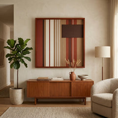Framed Mocha Prelude textile wall art displayed in a bright living room, hanging above a wooden sideboard next to a large potted plant and a cozy beige armchair.