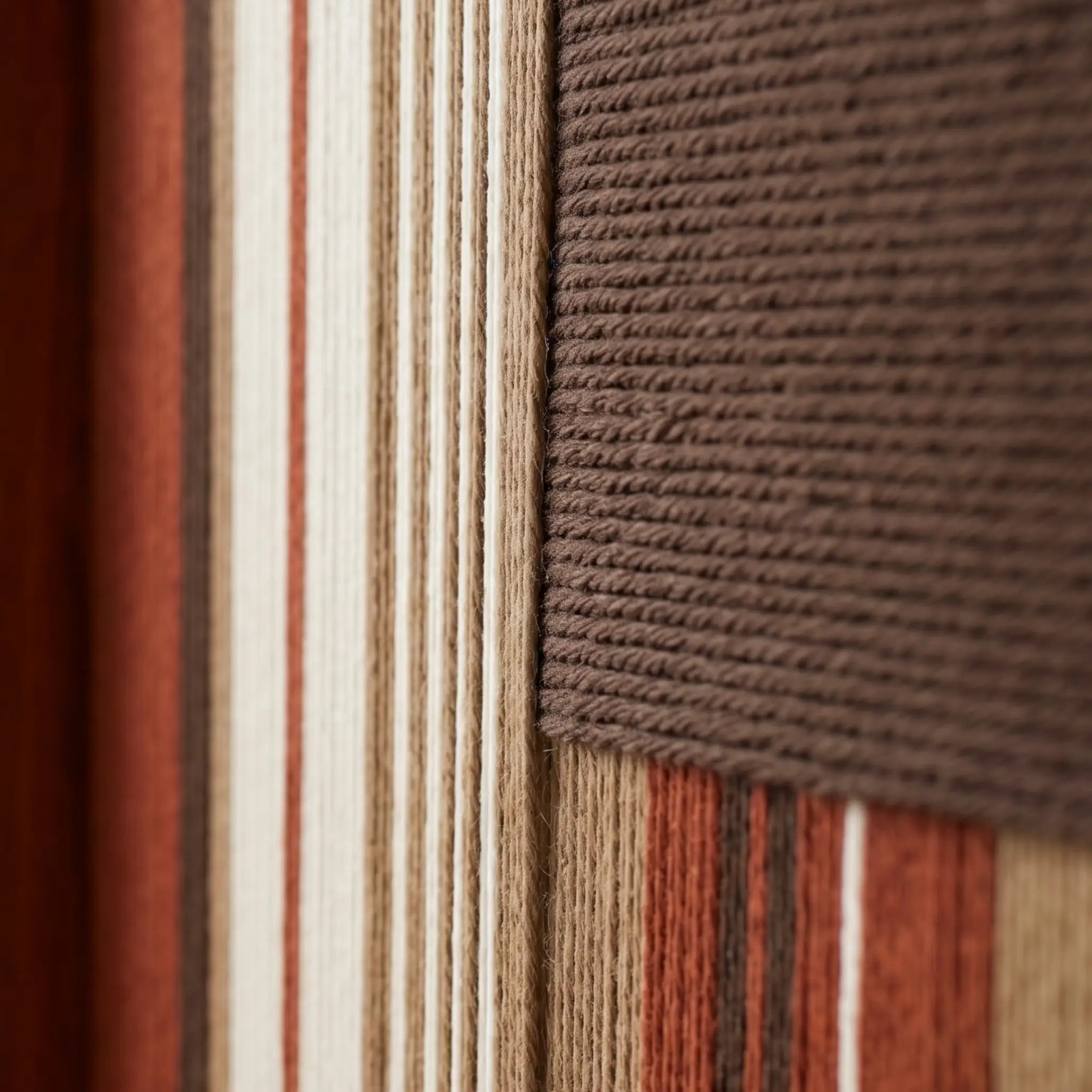 Detailed macro close-up of the Mocha Prelude hand-woven textile art highlighting the raised dark brown patch over textured rust, beige, and cream vertical yarn stripes.