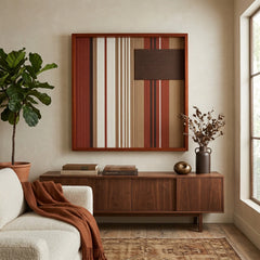 The Mocha Prelude earth-toned hand-woven wool tapestry provides a warm focal point over a dark wood credenza behind a beige sofa draped with a rust-colored throw blanket.