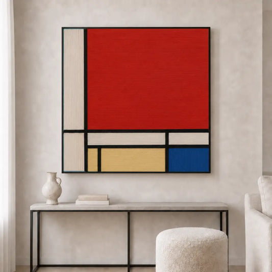 Close-up macro detail of the hand-woven wool wall art showing textured red yarn fields and black lines within a sleek metal frame.