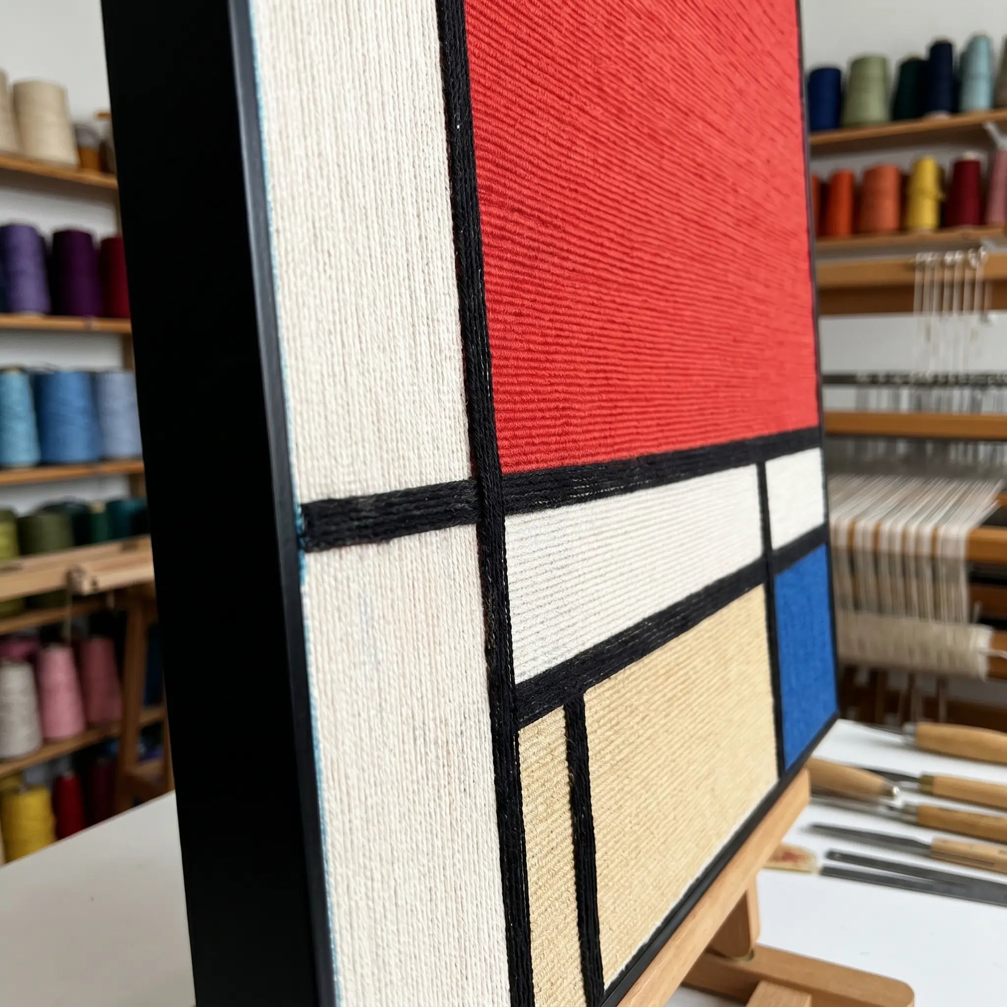 Side profile of the framed wool art showing the deep three-dimensional texture of the hand-woven fibers in a studio setting.