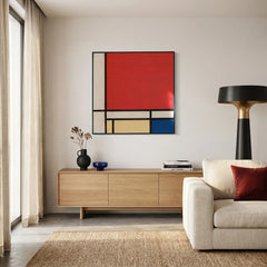 Framed textured fiber wall art hanging in a minimalist living room above a light oak console table and jute area rug.
