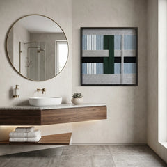 Luxury bathroom interior featuring the Moonlight Glade wool wall art hanging above a floating walnut vanity and round mirror.