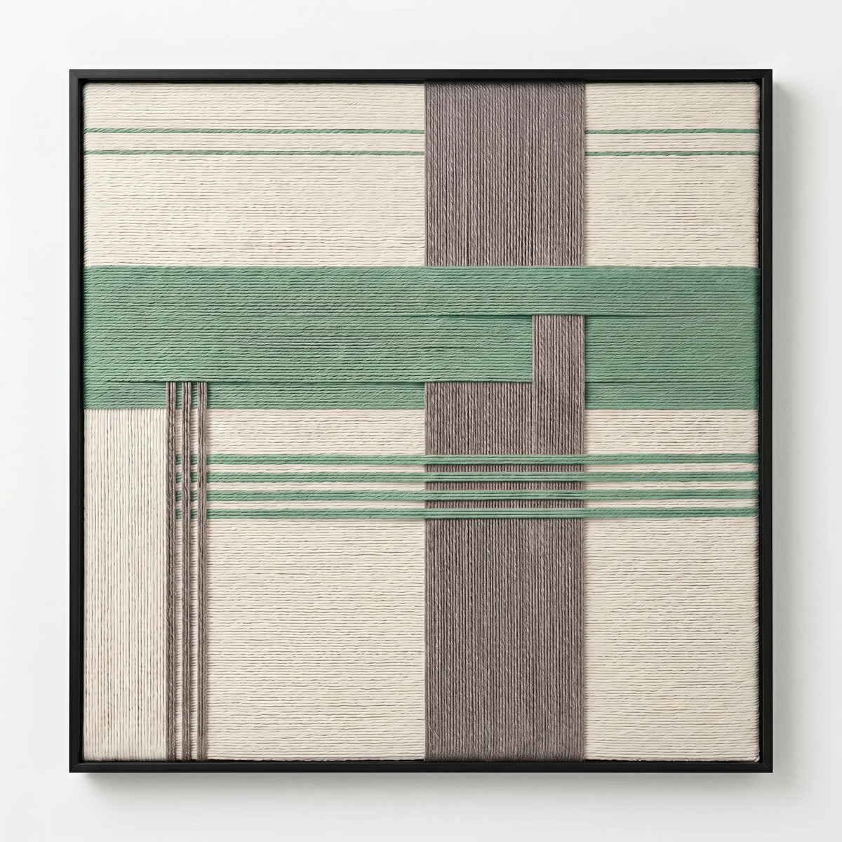 Frontal studio shot of the Muted Spring hand-woven wool wall art featuring sage green, grey, and cream geometric patterns in a black frame against a clean white background.