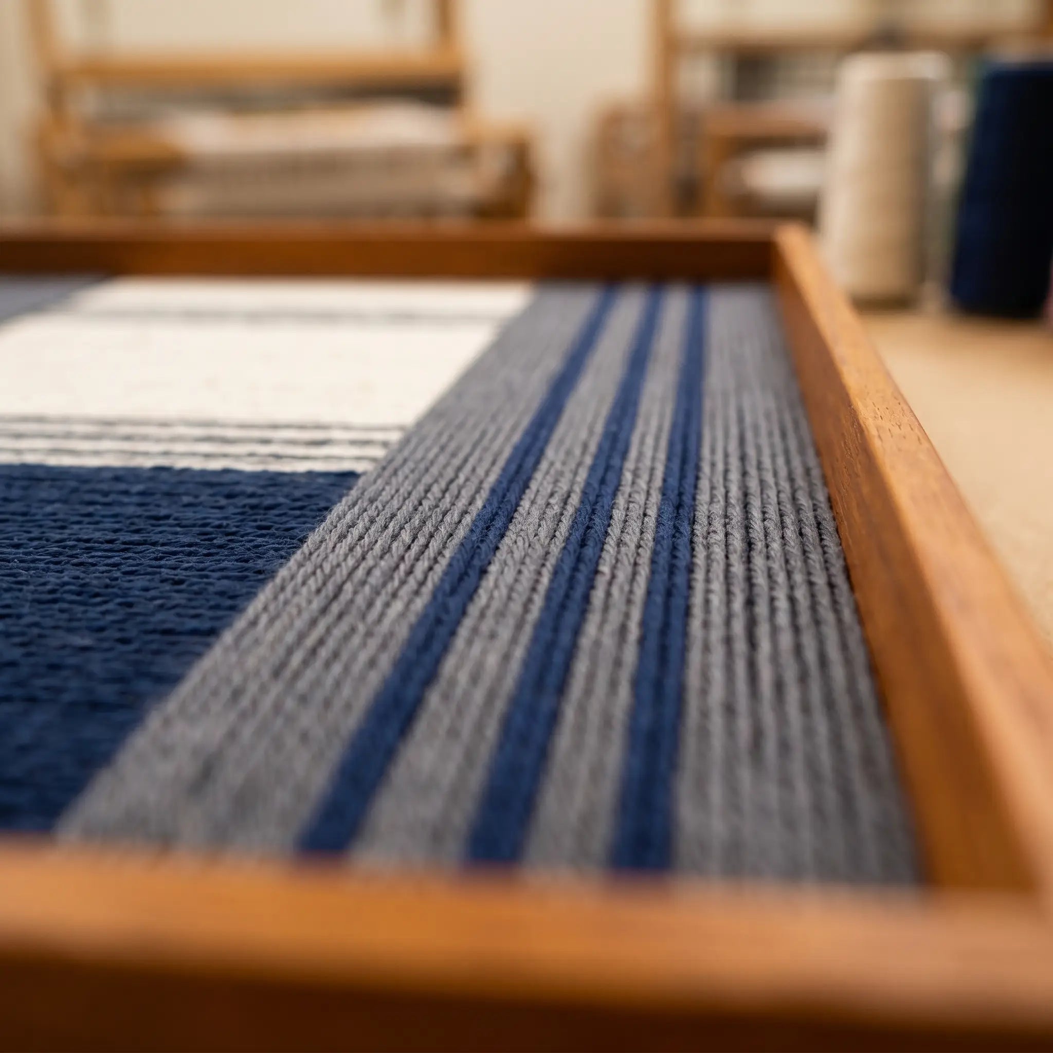 Macro perspective of Needle and Ink hand-woven wool wall art showing precise blue yarn winding and structural layering in a wood frame.