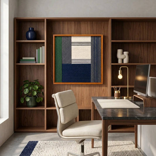 Framed textured fiber wall art styled in a sophisticated home office with dark wood shelving and a modern white desk chair.