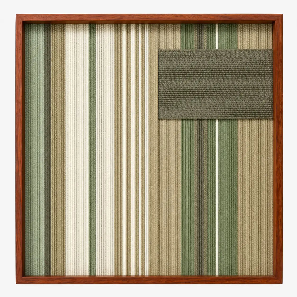 Frontal studio shot of the Olive Solitude square hand-woven textile wall art featuring green, beige, and white vertical stripes with a solid dark olive patch.