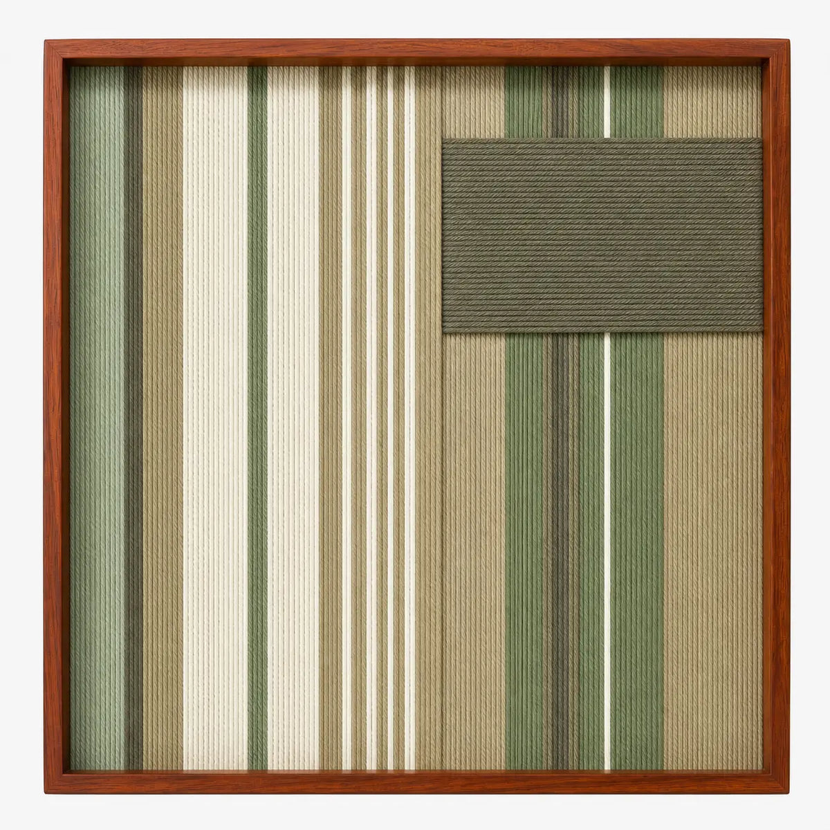 Frontal studio shot of the Olive Solitude square hand-woven textile wall art featuring green, beige, and white vertical stripes with a solid dark olive patch.