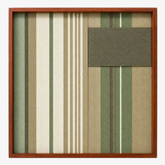 Frontal studio shot of the Olive Solitude square hand-woven textile wall art featuring green, beige, and white vertical stripes with a solid dark olive patch.