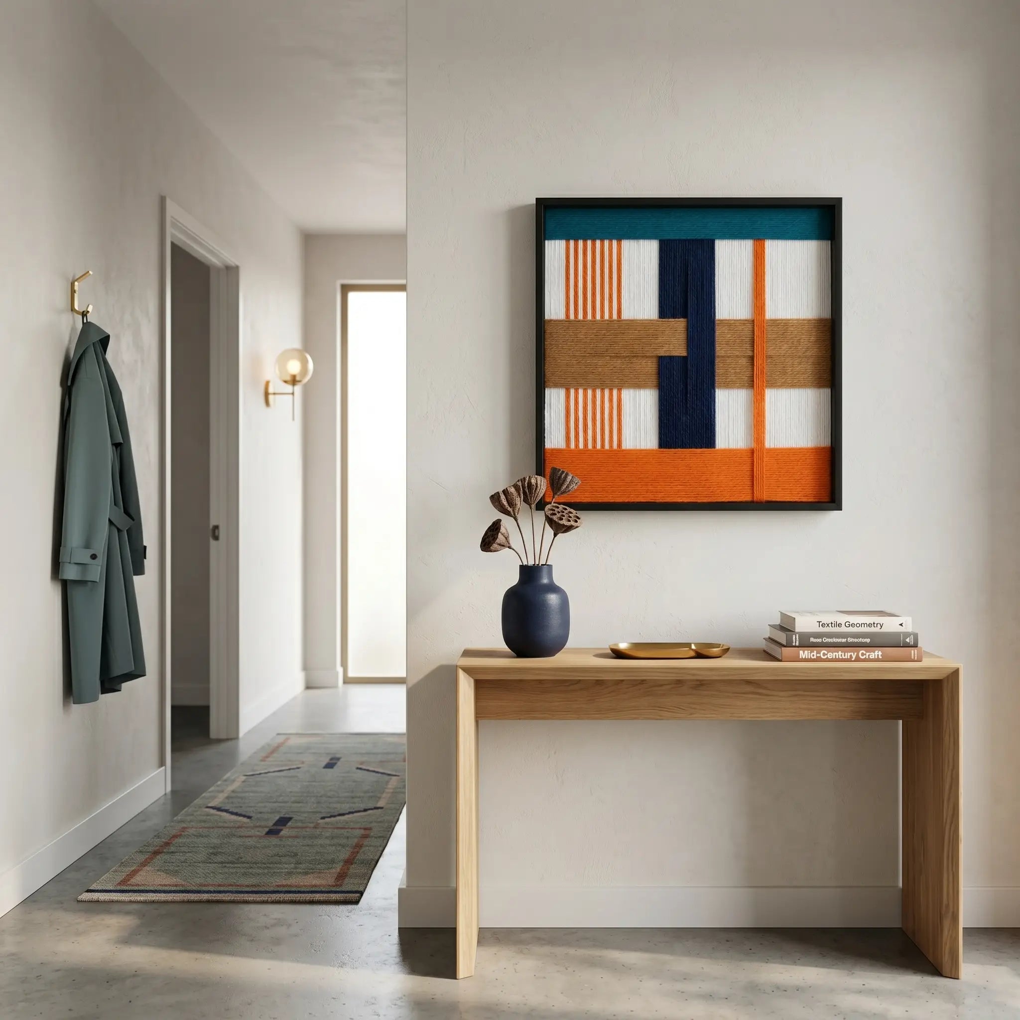 Large square "Orange Midsummer" hand-woven wool wall art hanging above a light oak console table in a bright, minimalist entryway.