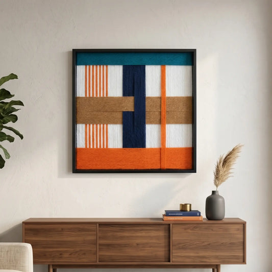 "Orange Midsummer" hand-woven tapestry styled in a sunlit living room above a dark wood sideboard with pampas grass decor.