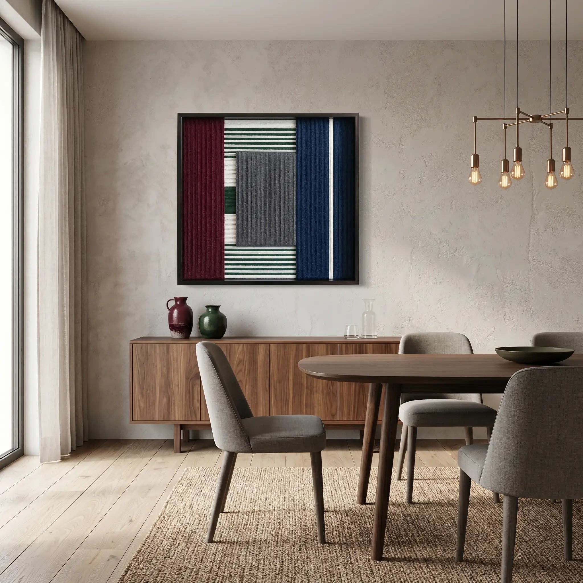 Wide perspective of a contemporary dining space featuring the "Overture of Dusk & Dawn" wool tapestry above a long wooden sideboard.