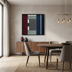 Wide perspective of a contemporary dining space featuring the "Overture of Dusk & Dawn" wool tapestry above a long wooden sideboard.