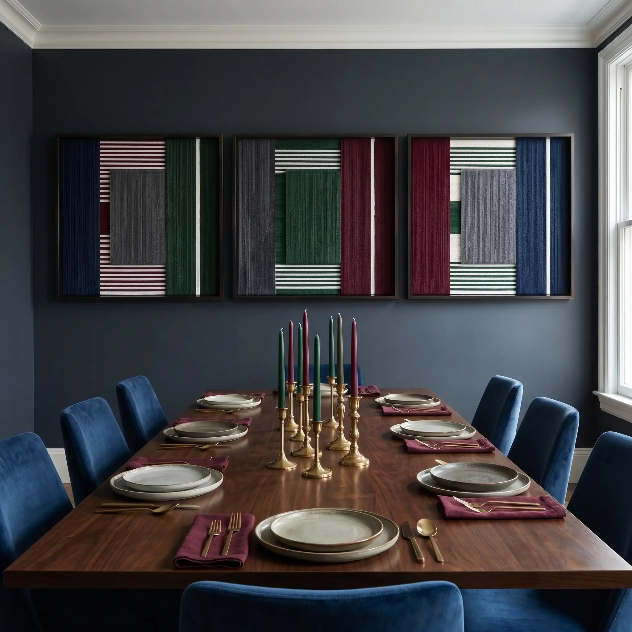The Overture of Dusk & Dawn triptych wall art displayed above a long dark wood dining table, creating a sophisticated focal point in a moody, elegant dining room.