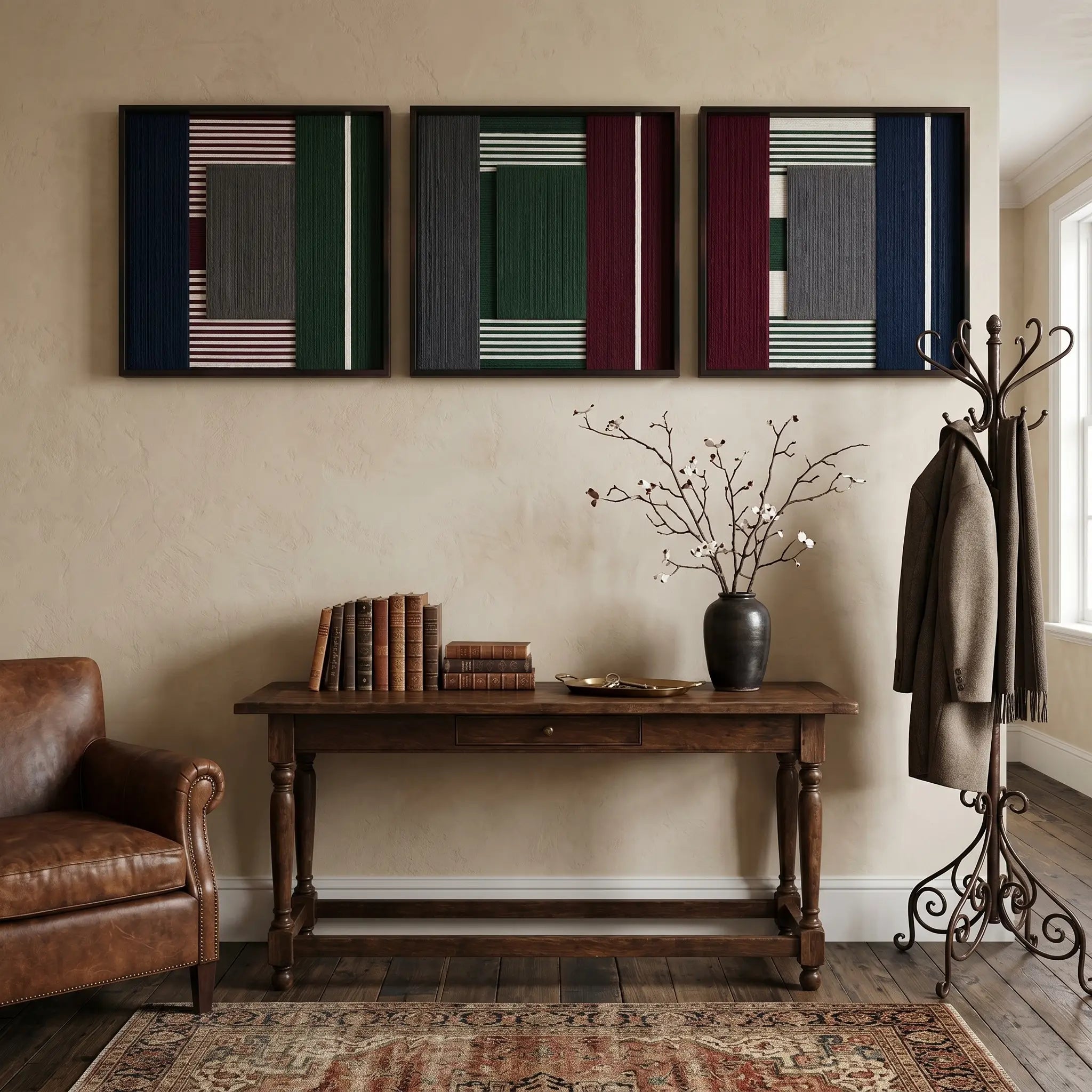Sleek Overture of Dusk & Dawn textile wall art triptych hanging above a classic wooden entryway console table with decor, providing a warm, polished aesthetic.