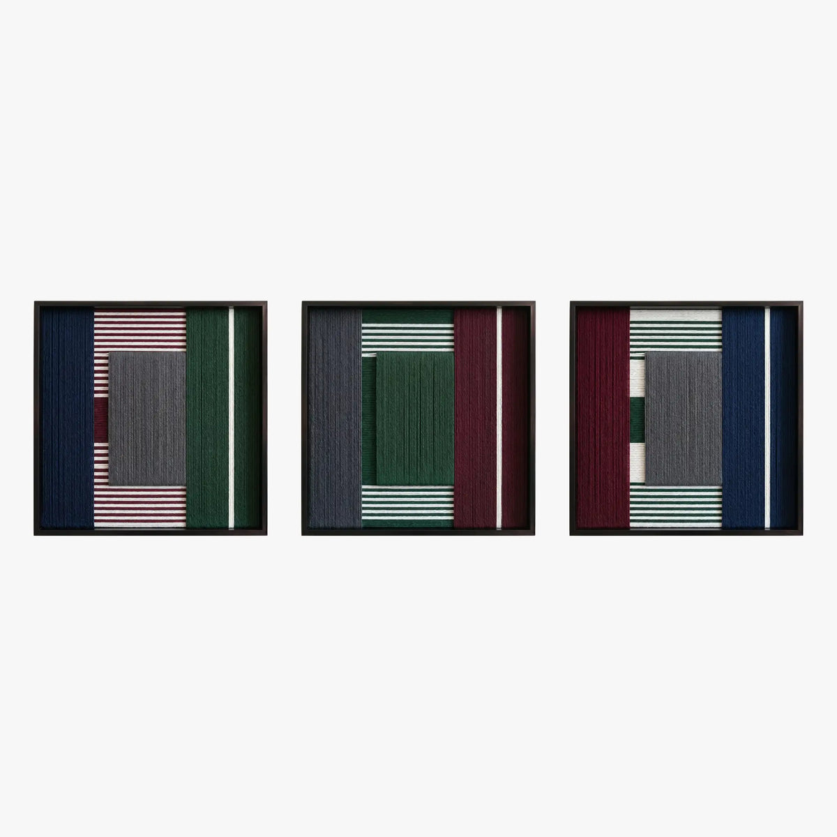 Frontal studio shot of the Overture of Dusk & Dawn triptych set, showcasing three matching square hand-woven textile art pieces in black frames.