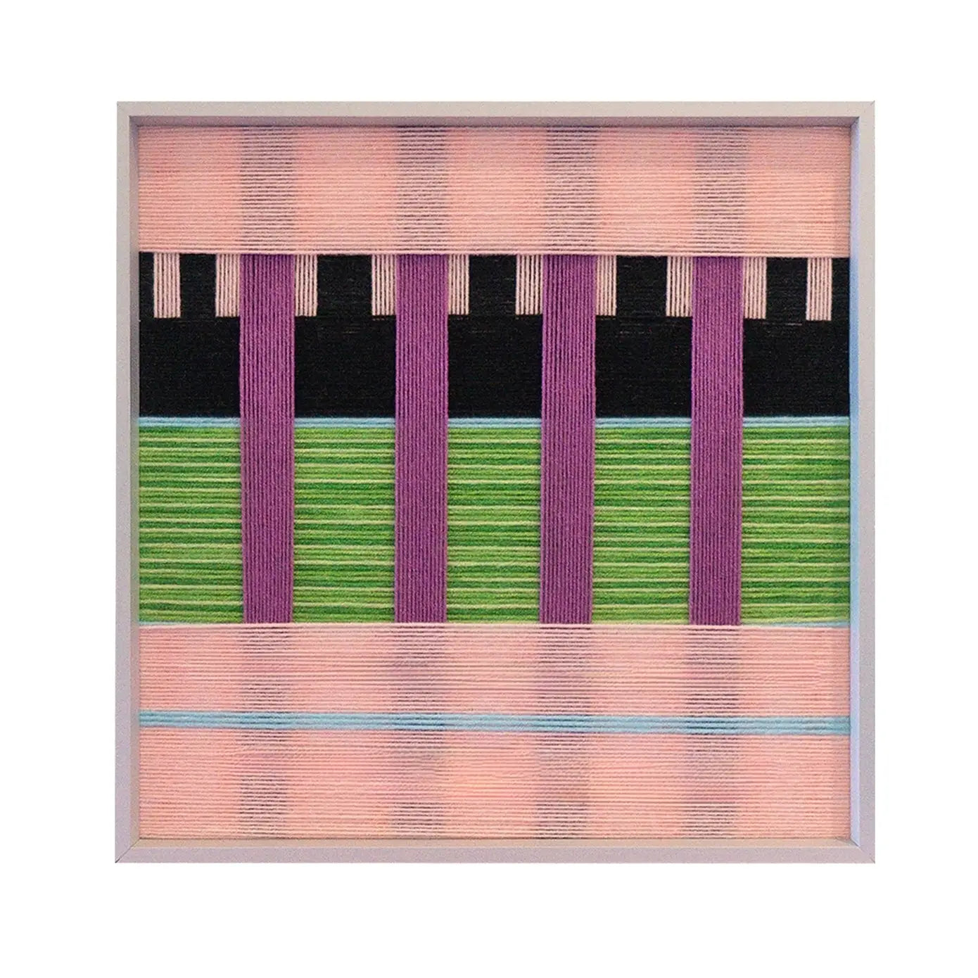 Frontal studio shot of the Pastel Nocturne hand-woven textile wall art featuring pink, green, and black geometric patterns in a white frame against a clean white background.