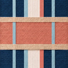 Studio macro detail view of the hand-woven wool wall art displaying precise geometric alignment of navy blue, teal, cream, and salmon yarn structures.