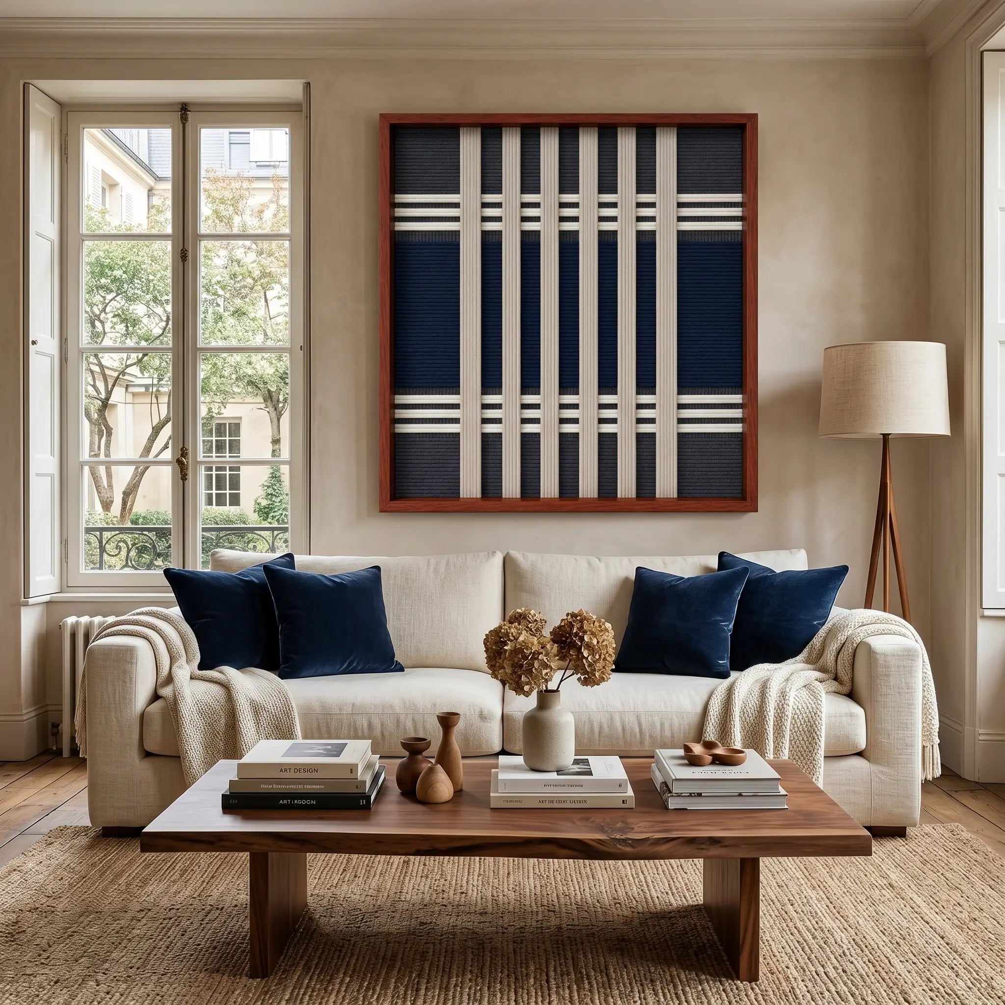 Framed Polar Meridian textile wall art displayed in a bright living room, hanging above a comfortable beige sofa and wooden coffee table.