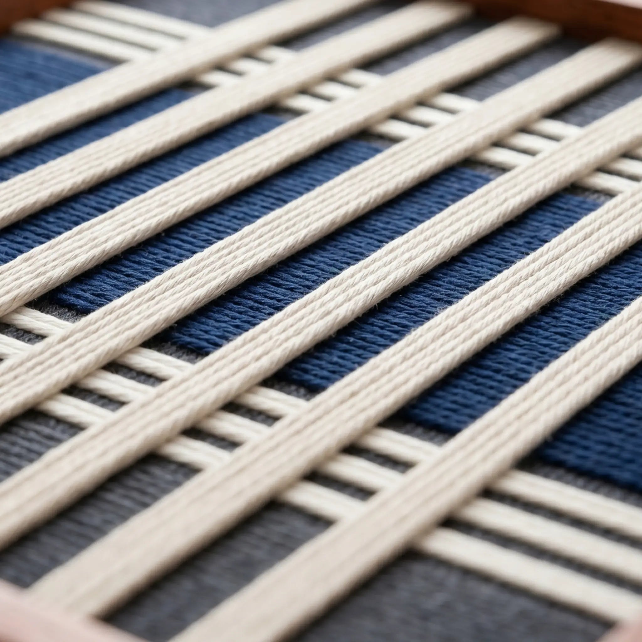 Extreme low-angle macro shot of the Polar Meridian hand-woven textile art lying flat, highlighting the dimensional white and navy blue yarn texture.