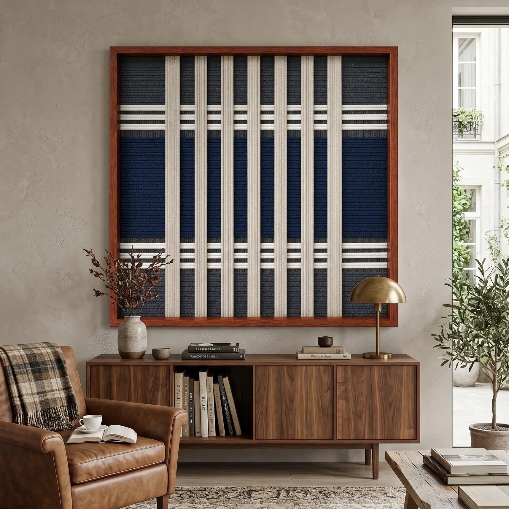 Striking square hand-woven wool tapestry positioned perfectly above a mid-century wooden credenza next to a cozy brown leather armchair.