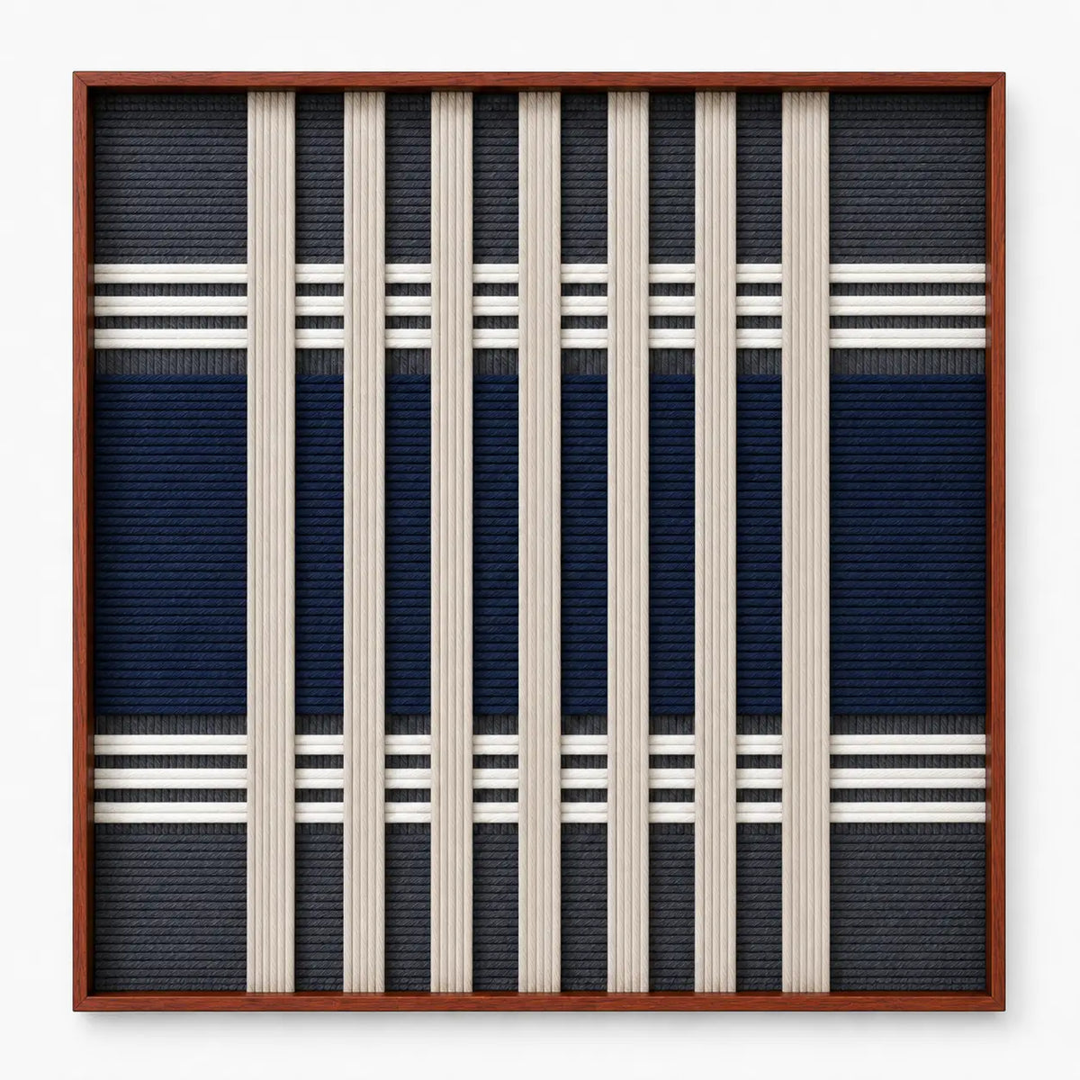 Frontal studio shot of the Polar Meridian square framed wall art featuring a sophisticated navy blue and white geometric tapestry design.