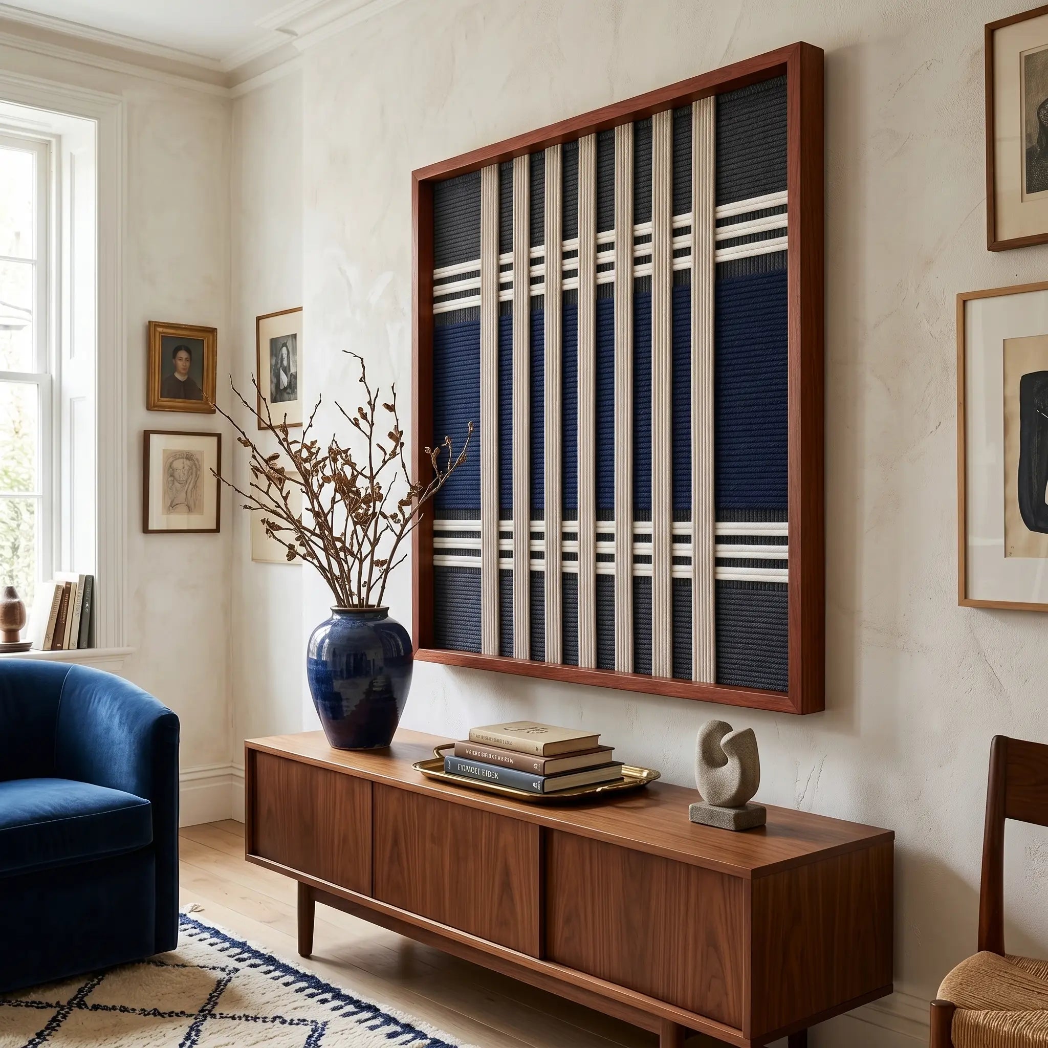 Earth-toned Polar Meridian framed wall art styled elegantly above a mid-century wooden sideboard adorned with a dark blue ceramic vase.