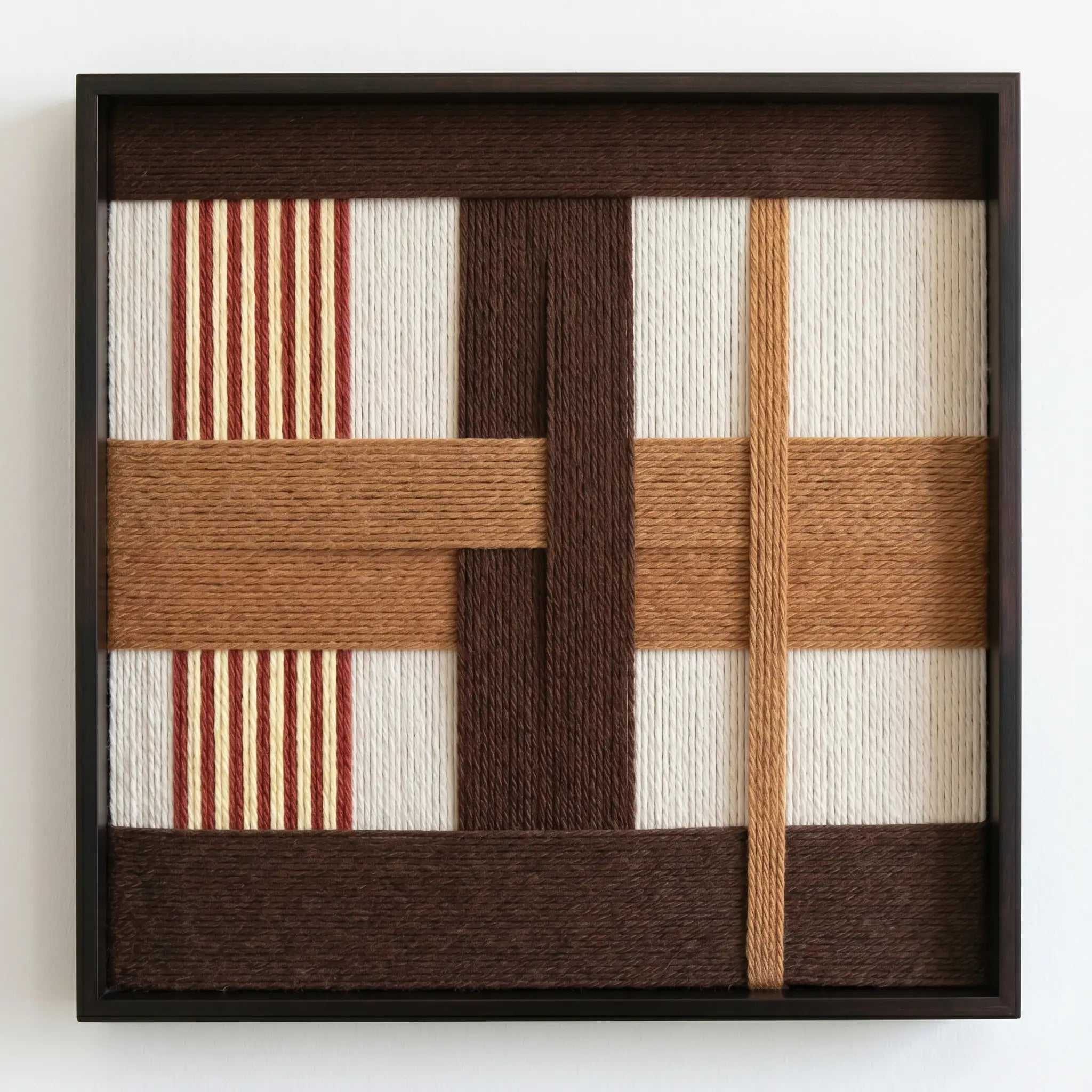 Professional studio shot of the Pulse of the Soil hand-woven wool wall art in a black frame against a clean white background.
