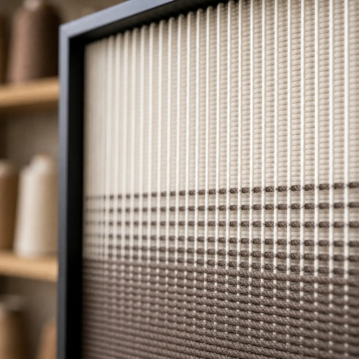 Detailed macro close-up of the Quiet Thread hand-woven wool tapestry highlighting the beautiful textured gradient yarn.
