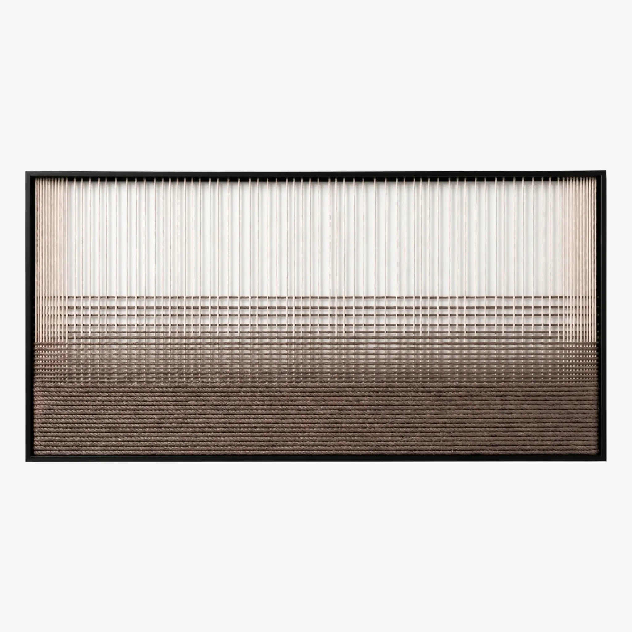 Frontal studio shot of the Quiet Thread hand-woven wool wall art featuring a serene gradient pattern in a black frame.