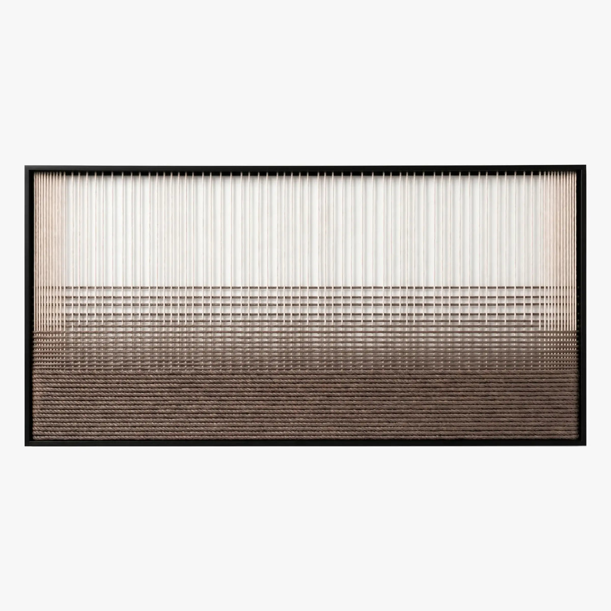 Frontal studio shot of the Quiet Thread hand-woven wool wall art featuring a serene gradient pattern in a black frame.