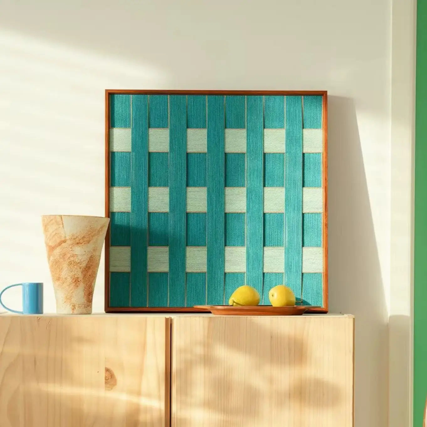 Square textured wool wall decor placed above a light wood cabinet, highlighting the vibrant coastal teal tones and organic materials.