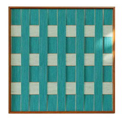 Direct front view of Reef Echoes hand-woven wool tapestry showcasing the intricate teal fiber textures and high-quality wooden frame.