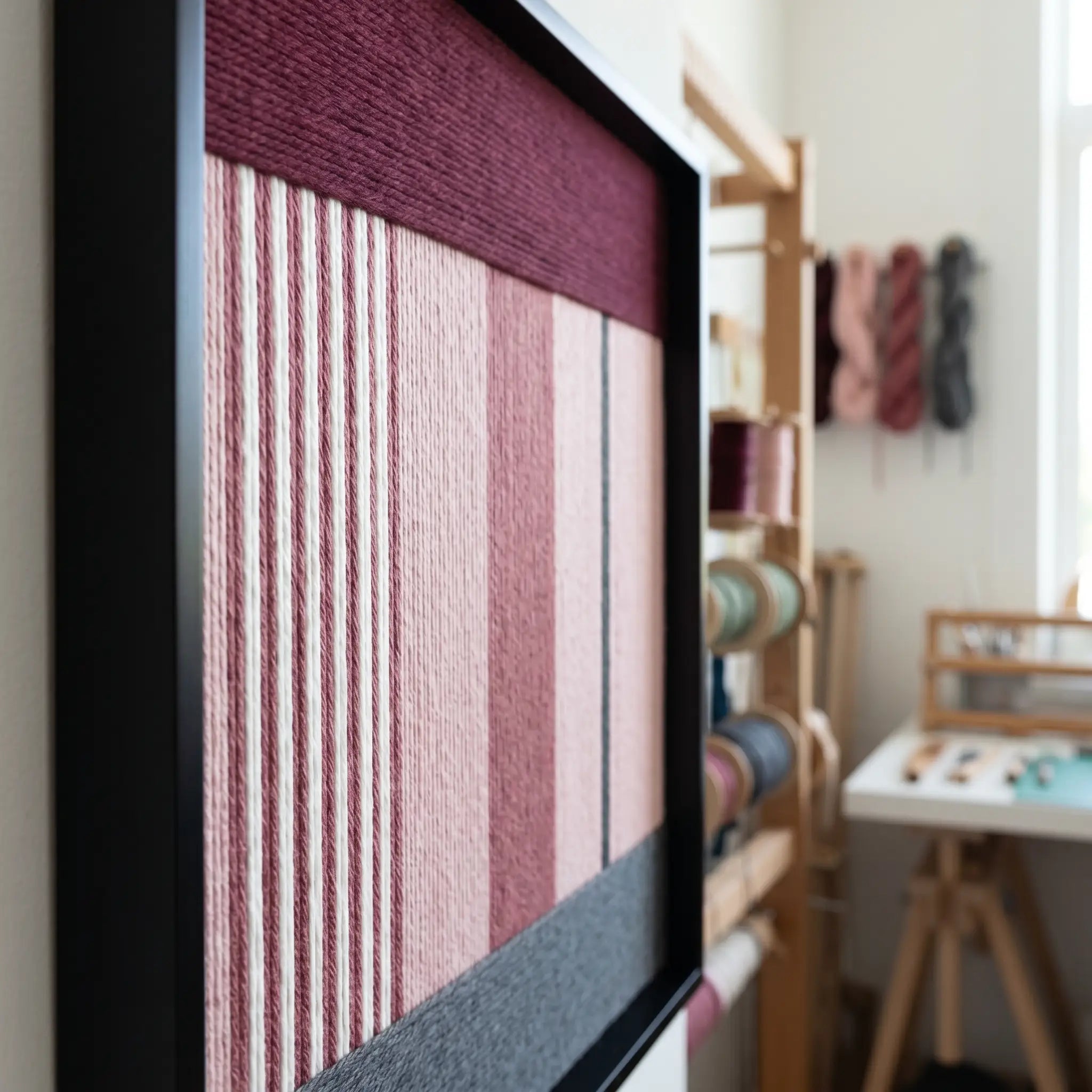 Side view of the framed wool wall art in a studio setting showing the depth and three-dimensional texture of the woven fibers.