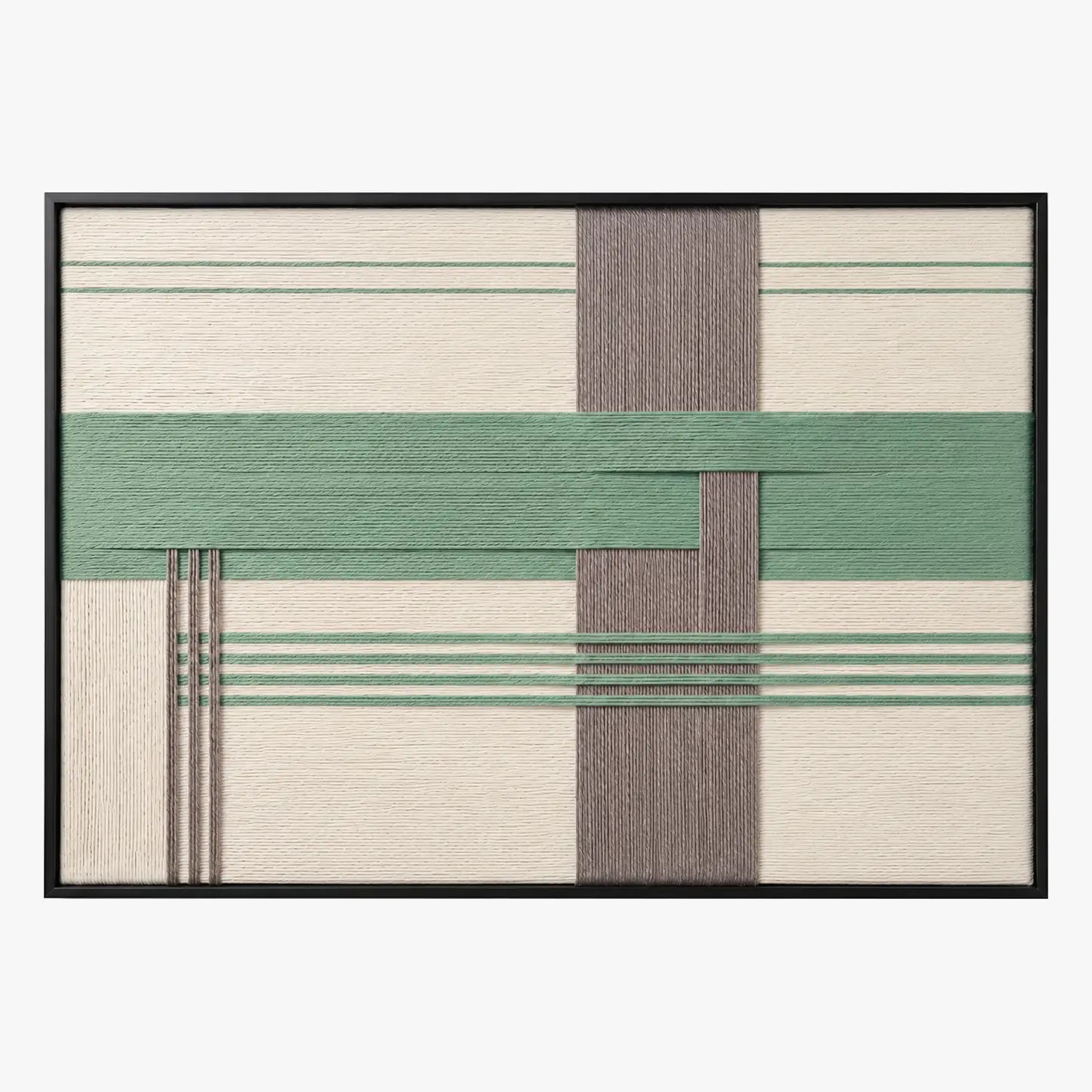 Frontal studio shot of the Sage Crossing hand-woven wool wall art featuring green and grey geometric blocks in a black frame.