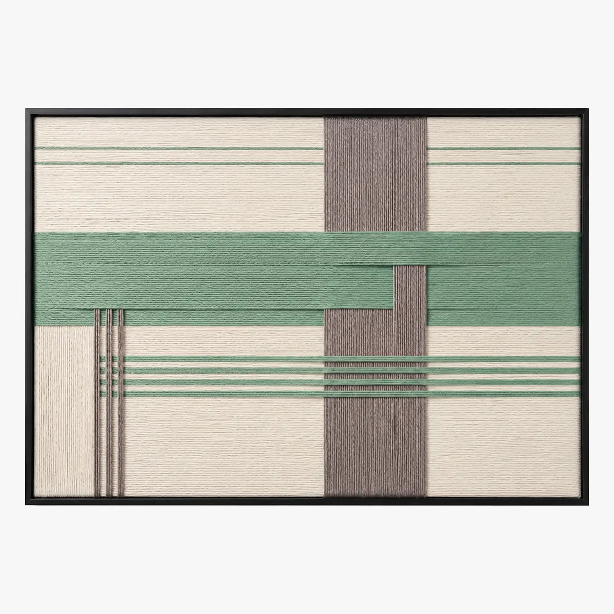 Frontal studio shot of the Sage Crossing hand-woven wool wall art featuring green and grey geometric blocks in a black frame.