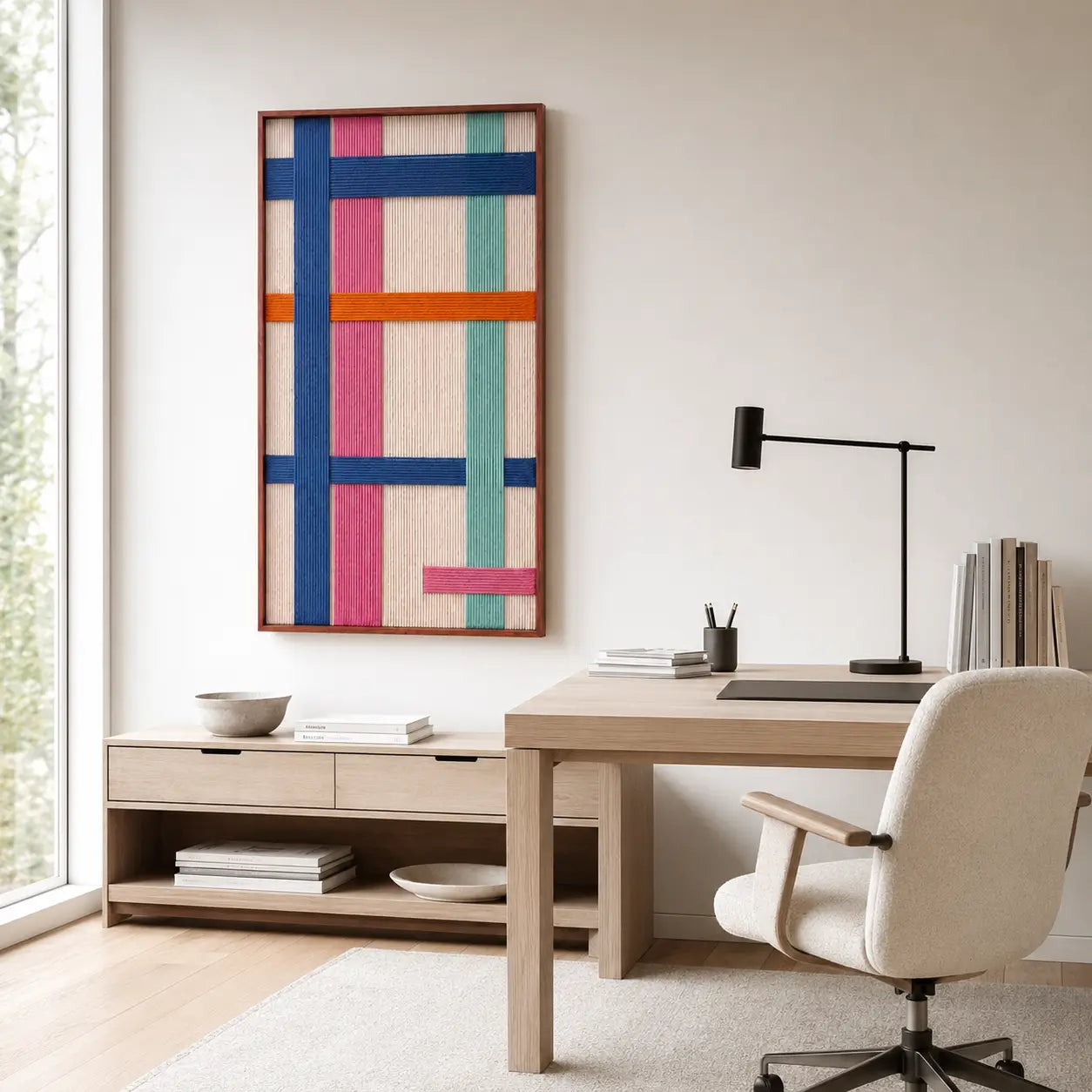 Professional home office interior setup showing the framed textile art displayed on a wall above a sleek desk and executive chair.