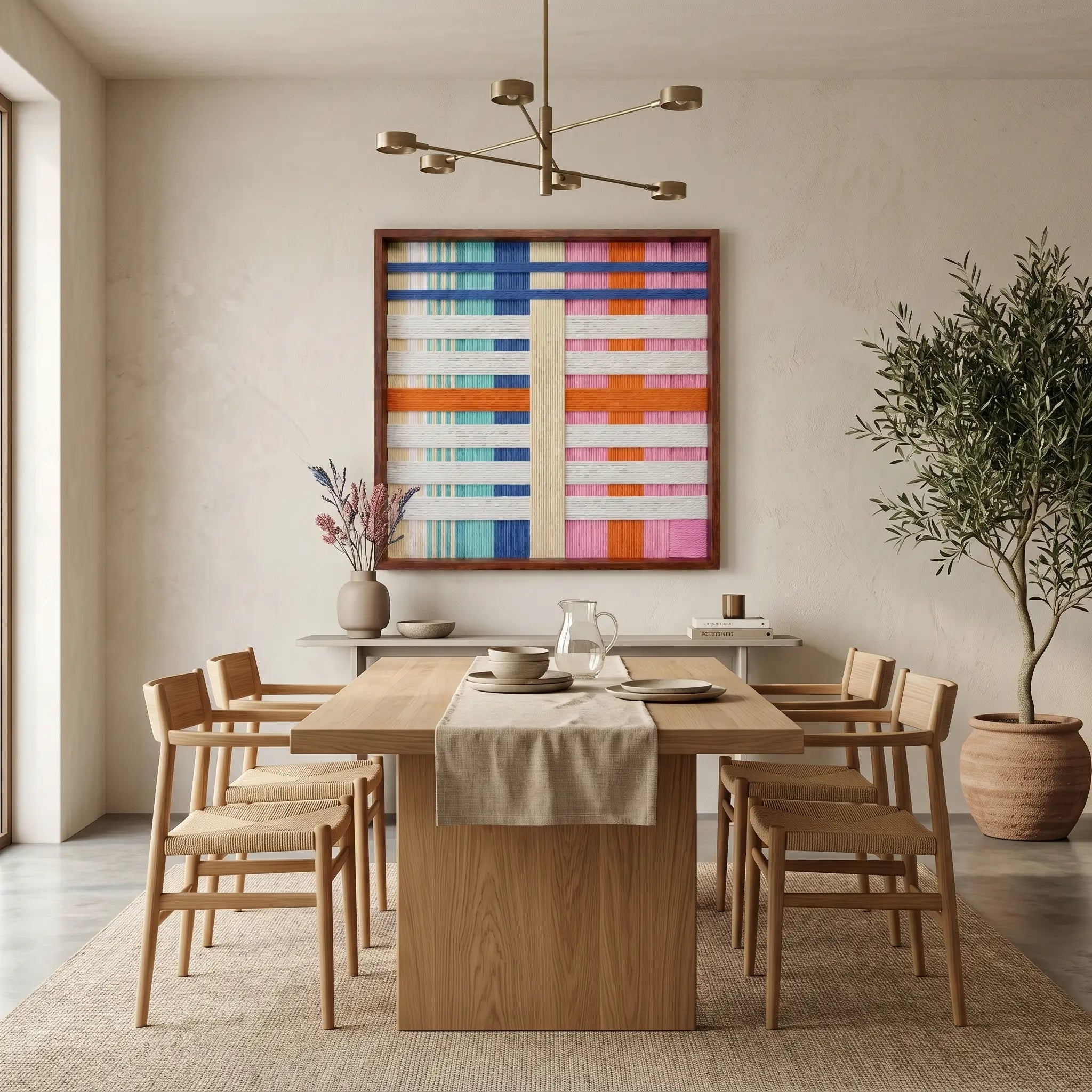 Vibrant geometric wool tapestry styled as a bright focal point in a contemporary dining room with a large light wood table and chairs.