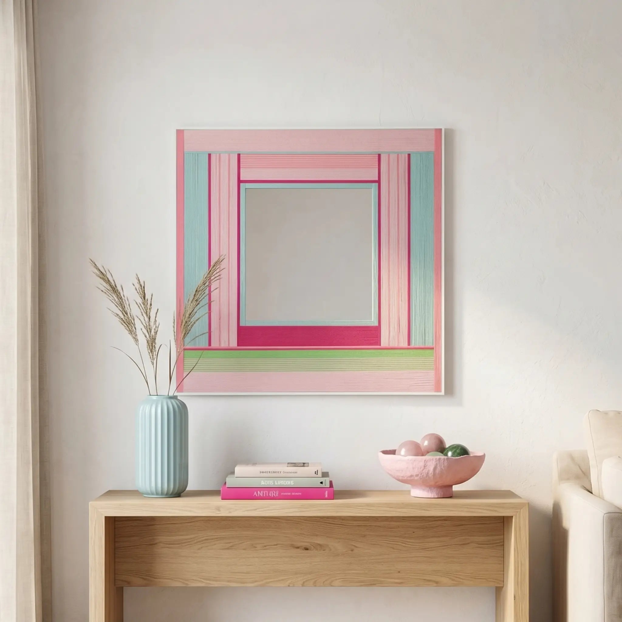 Large hand-woven wool wall art in pastel pink and teal tones hanging above a light wood console table in a bright entryway.