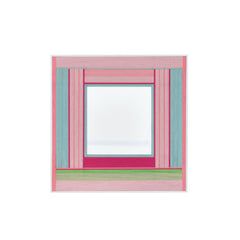 Front view of Secret Crush yarn mirror wall art on a plain white background, showing exact square proportions and clean stripe‑mirror layout.
