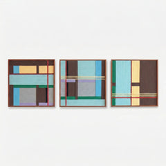 Frontal studio shot of the Sedona Red Thread three-piece hand-woven textile wall art set featuring teal, brown, and beige geometric blocks against a clean white background.