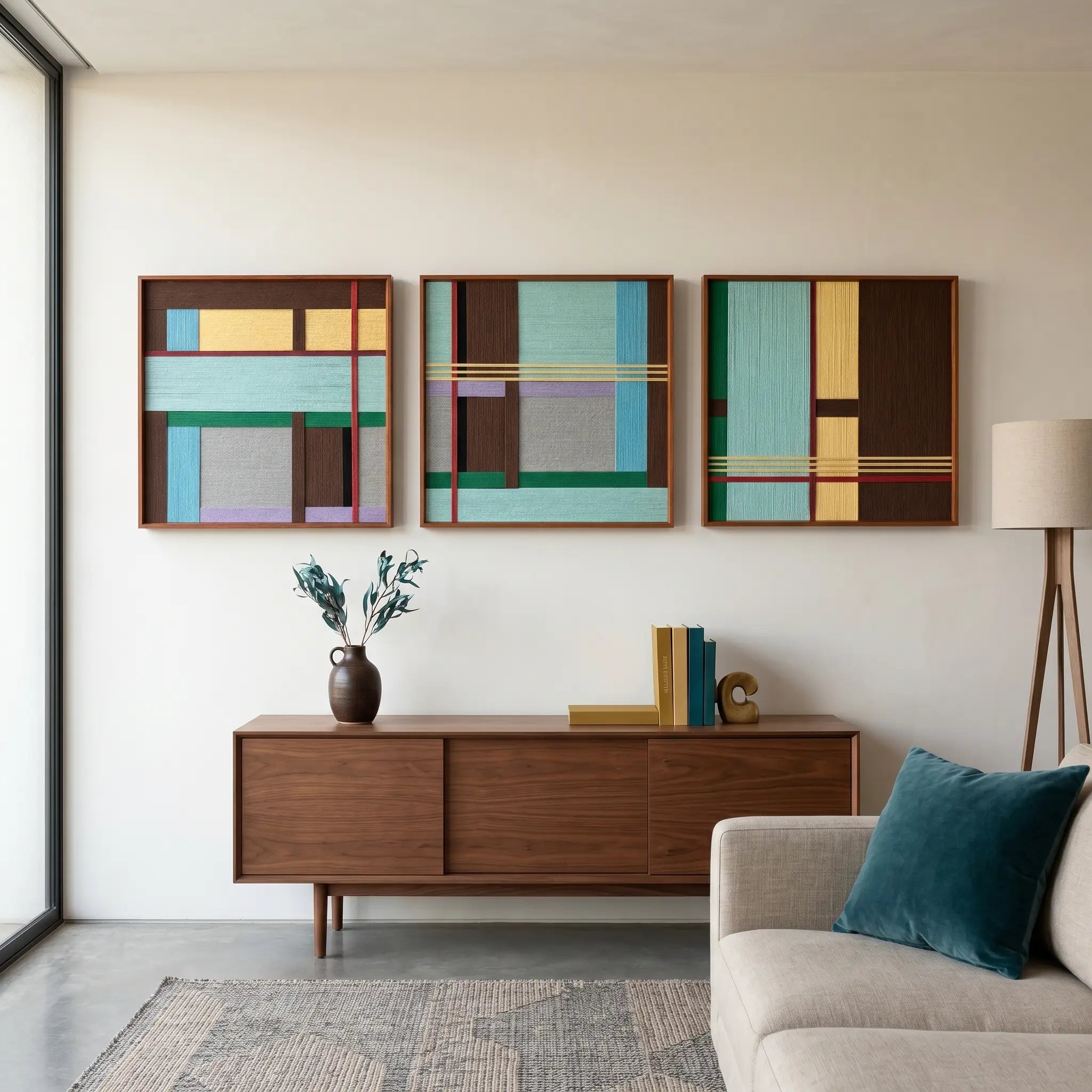 Framed geometric textile wall art triptych displayed above a wooden cabinet next to a white sofa with a blue accent pillow in a sunlit room.