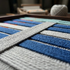 Macro close-up of the Silent Dopamine fiber art highlighting the structural layering of the raised grey yarn over horizontal blue bands.