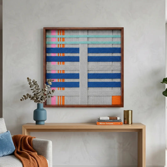 Framed Silent Dopamine textured wool wall art styled above a light oak console table with a blue vase in a minimalist entryway.