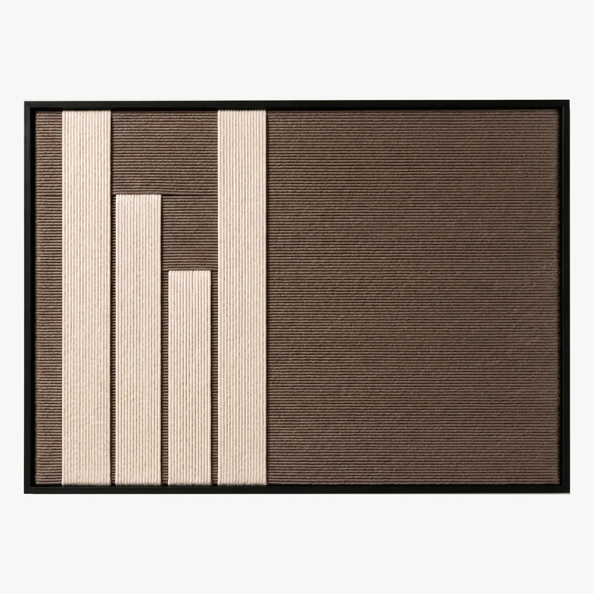 Frontal studio shot of the Silent Stelae rectangular hand-woven wool tapestry, displaying minimalist cream and brown geometric blocks on white background.