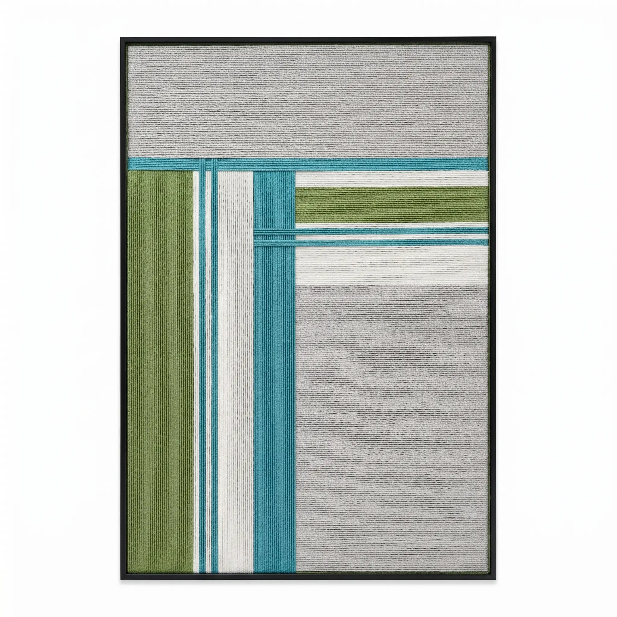 Professional studio shot of the Silent Stream hand-woven wool wall art in a black frame against a white background.