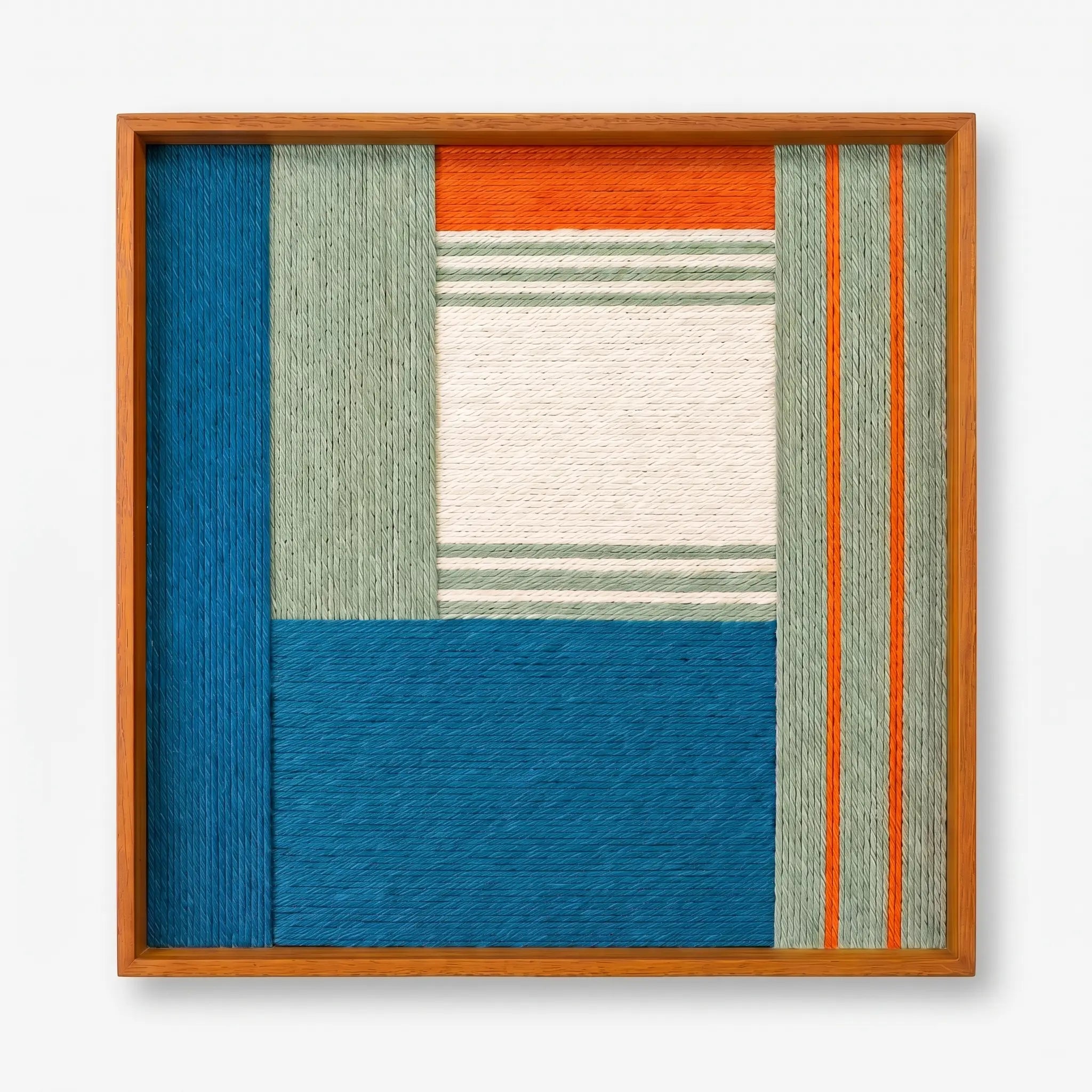 Frontal studio shot of the Silent Theatre hand-woven wool wall art in a square oak-finish frame against a clean white background.
