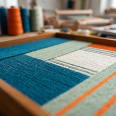 An angled perspective of the textured wool wall art in a studio setting, showcasing the structural multi-directional layering of the teal and orange yarn.